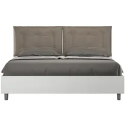 Doppelbett mit Stauraum, Doppellift, 160x190 cm, weißes Eschenholz, cappuccinofarbene Kunstlederkissen, Egos Annalisa