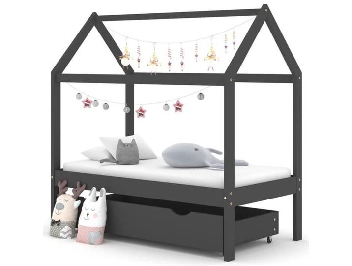 Lit bébé style cabane CHEZOE® - Cadre de lit d'enfant avec tiroir - Gris foncé Pin 70x140 cm