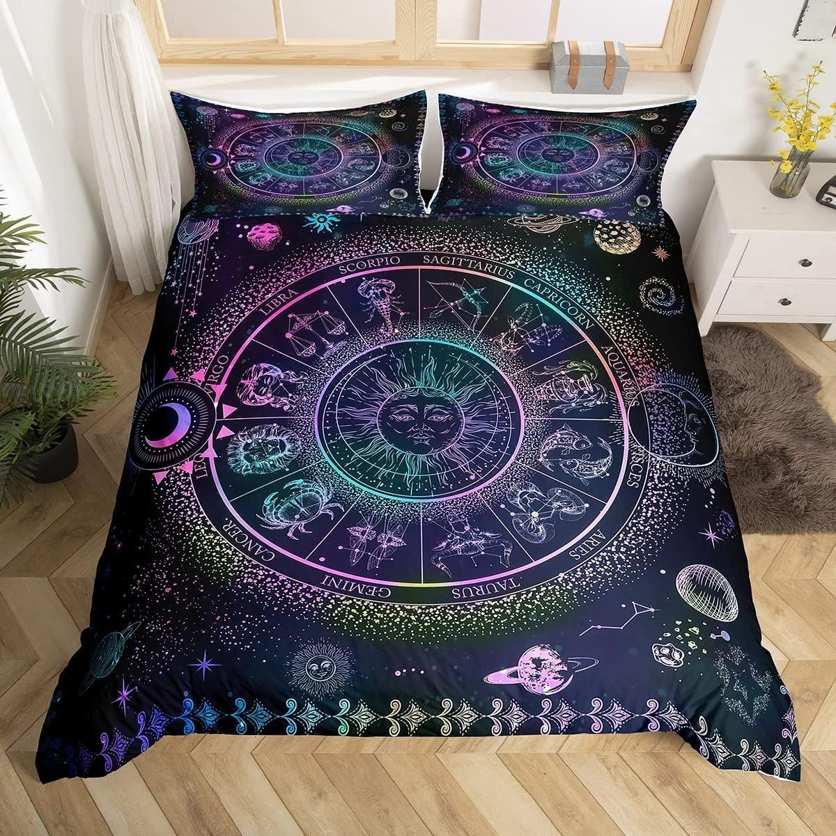 Boho Exotische Dekbedovertrek Set met Sterrenbeeld, Zwart en Paars, King Size, Astrologie en Galaxie Thema