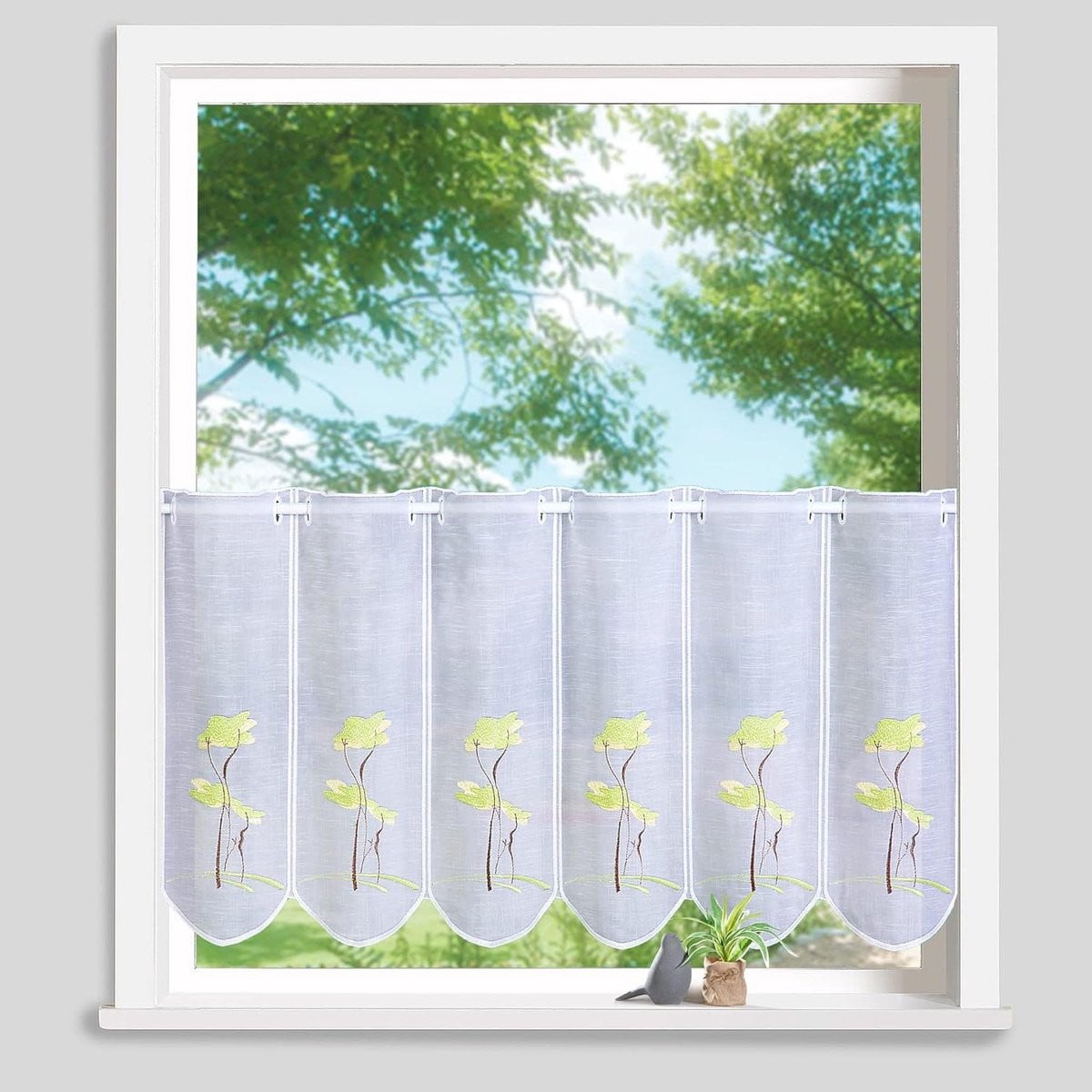 Bistrogordijn Linnenlook Vitrage met Geborduurd Gingkoblad - Wit Groen - 45 x 155 cm