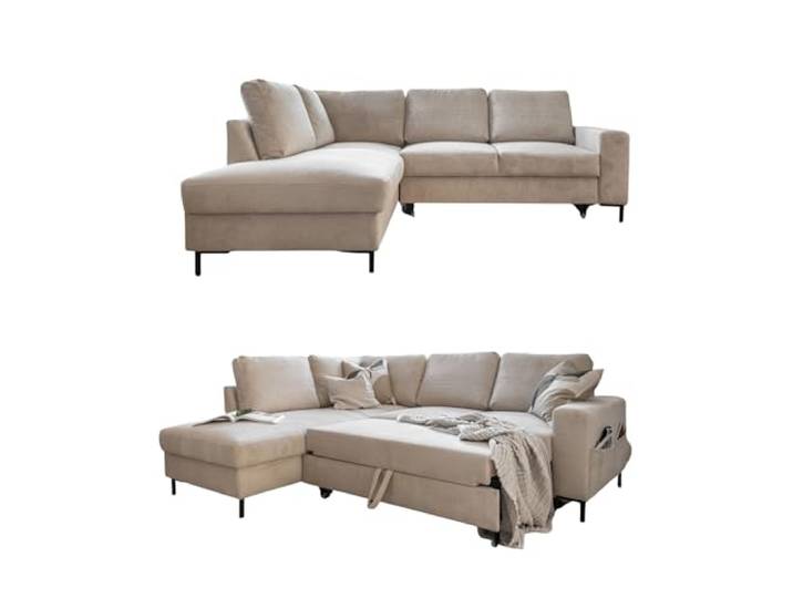 MIUFORM Lofty Lilly, 6er Ecksofa mit Schlaffunktion, Links, Beige Kord Sofa mit Schlaffunktion, Schlafsofa mit Bettkasten, Ecksofa L-Form, 237x197x84cm, Couch mit Schlaffunktion, Sofa Bed