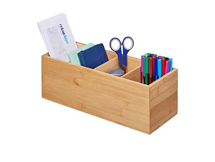 Relaxdays Organiseur de Bureau\, 4 Compartiments\, Bambou\, HxLxP : 7\,5x36x15 cm\, Bureau\, Salle de Bain\, Rangement\, Nature