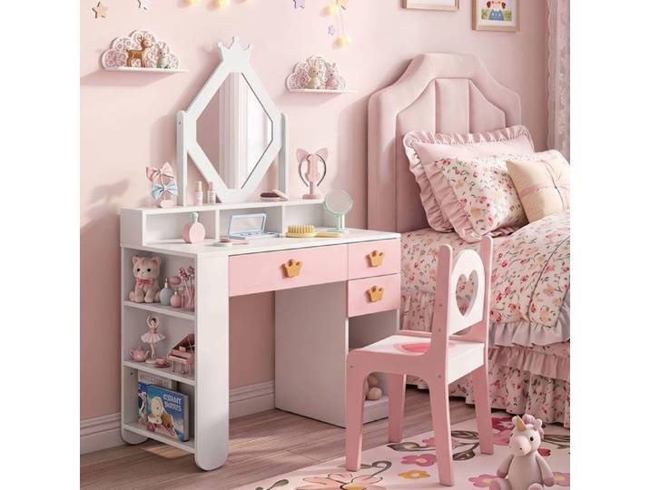 Coiffeuse Enfant Fille avec Chaise-COSTWAY-avec Miroir Losange Grand Espace de Rangement Bureau Enfant avec Bibliothèque 3 Tiroirs