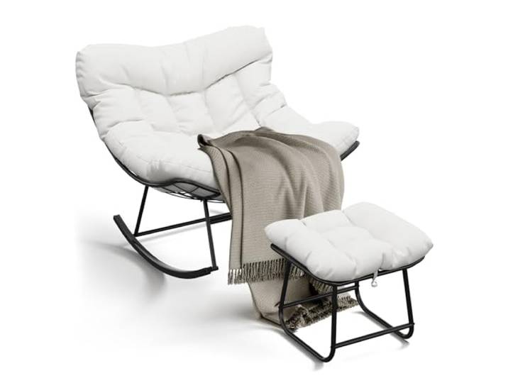 GarveeHome Oversized Schaukelstuhl mit Fußhocker und Dickem Kissen Fußhocker, Stahlrahmen, Komfortkissen, Garten, Terrasse, Outdoor