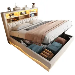 Polsterbett 180x200 cm mit hydraulischem Stauraum und LED-Beleuchtung – Leinenbezug in Beige, stabiler Metallrahmen