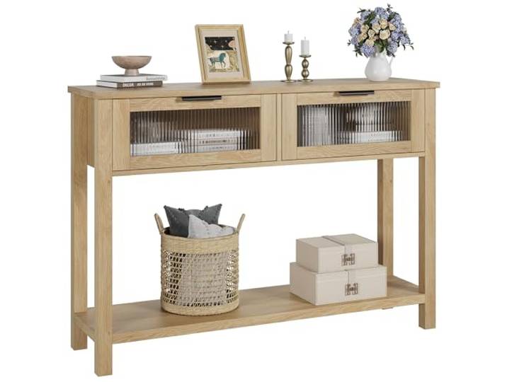 GarveeMore 110×30×H80 Konsolentisch aus Massivholz, 2-stufig & 2 Glas-Schubladen, Offene Ablage & Stauraum Rustikales Design, Console Table Schmal Flurtisch Konsole Holz