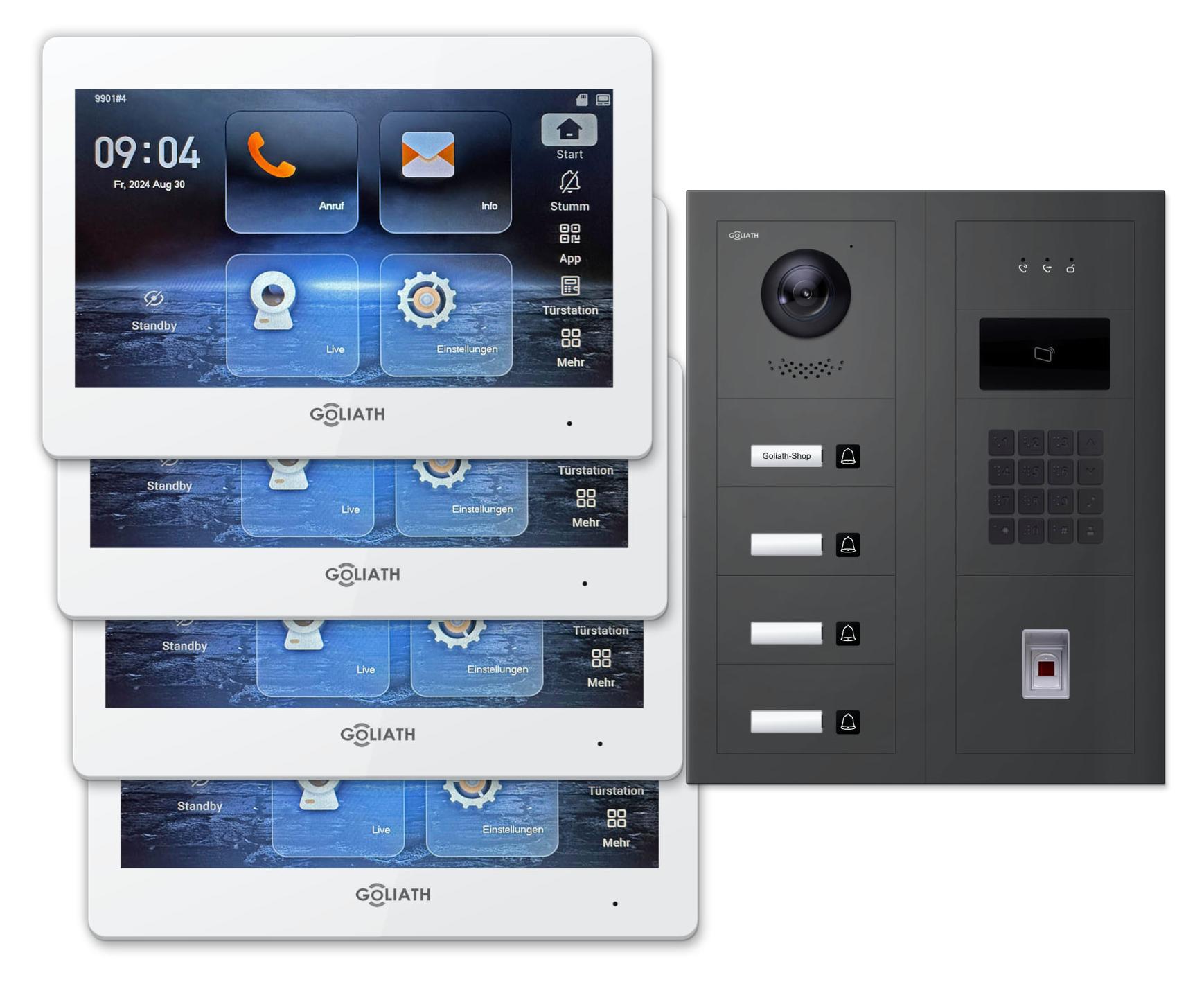 Goliath Premium 2-Draht GL-HB490A Video-Türsprechanlage, 4 Familien, 4× 7 Zoll Weiß, Anthrazit, Unterputz, Fingerprint/RFID/Zahlencode + Feedback