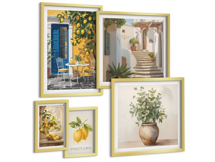BILDER SET 5er Set - 50x50 cm & 20x30 cm & 40x60 cm Goldrahmen - Anker, Boot, Ruder, Strand