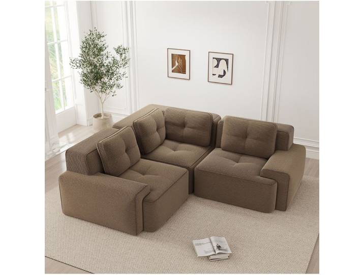 Canape D Angle 3 Places En Tissu Cotele Marron Canape Modulable Design FloraGrace Pour Salon Ou Bureau Sans Montage 208x104x69cm
