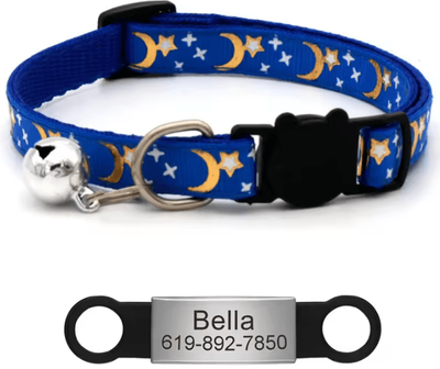Inspire Curations Personalized Reflective Star & Moon Cat Collar With Engraved ID Tag blue