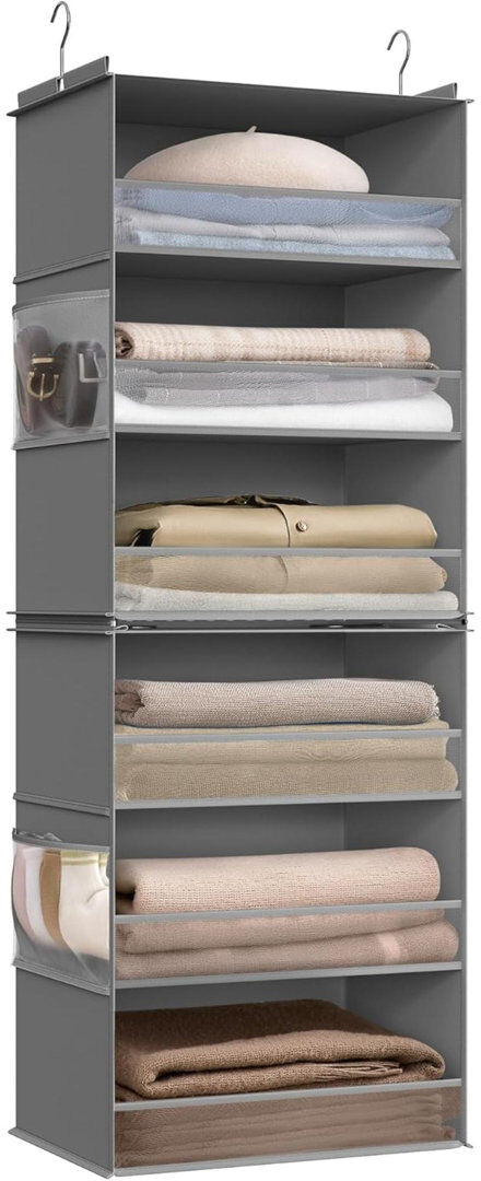 17 Stories Hanging Wardrobe Organiser, 6-Tier Fabric Storage Shelf, Separable Closet Hanging Shelf With Side Pockets, Foldable, Metal Hooks And Bamboo Inserts Dove Grey 133cm H X 40cm W X 30cm D