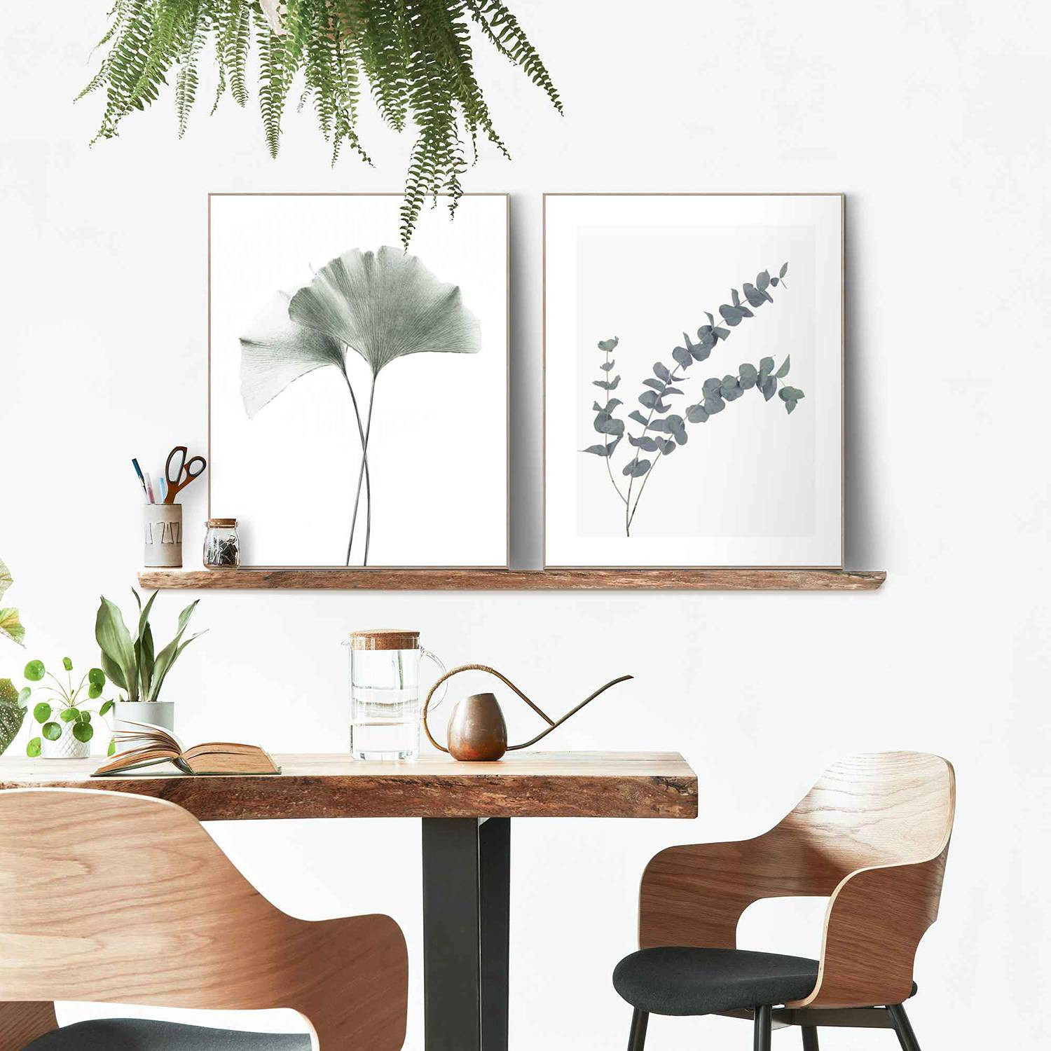 home24 Set Eucalyptus Print afbeeldingen in houten frame, groen, 40 x 50 x 1 cm