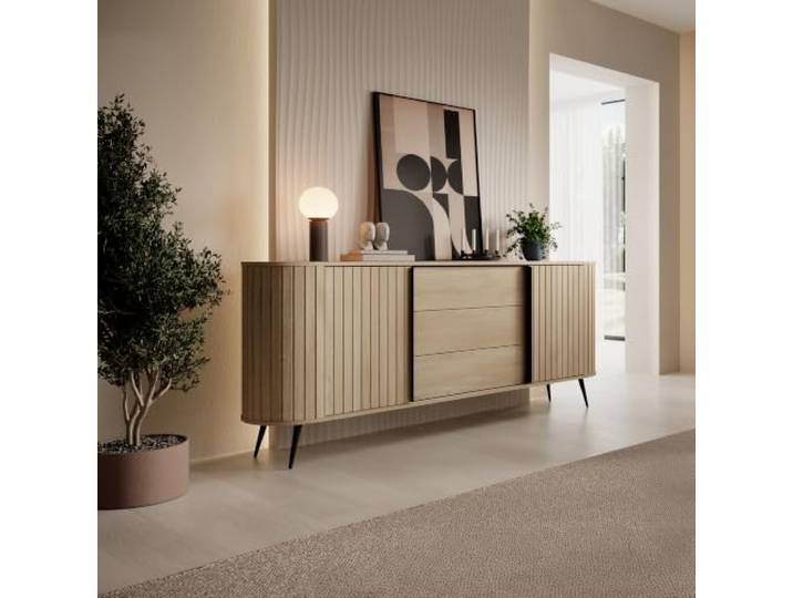 Lomadox Sideboard in Eiche mit Rillenfront & abgerundeten Seiten, 3 Schubladen & 2 Schiebetüren –