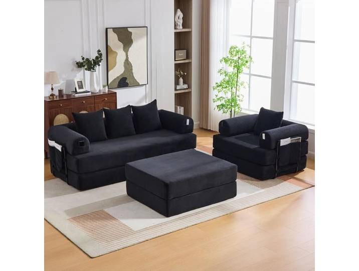 Canapé modulable - SOGEU - Hocker - 4 places - Velours côtelé blanc - Poche latérale et pouf