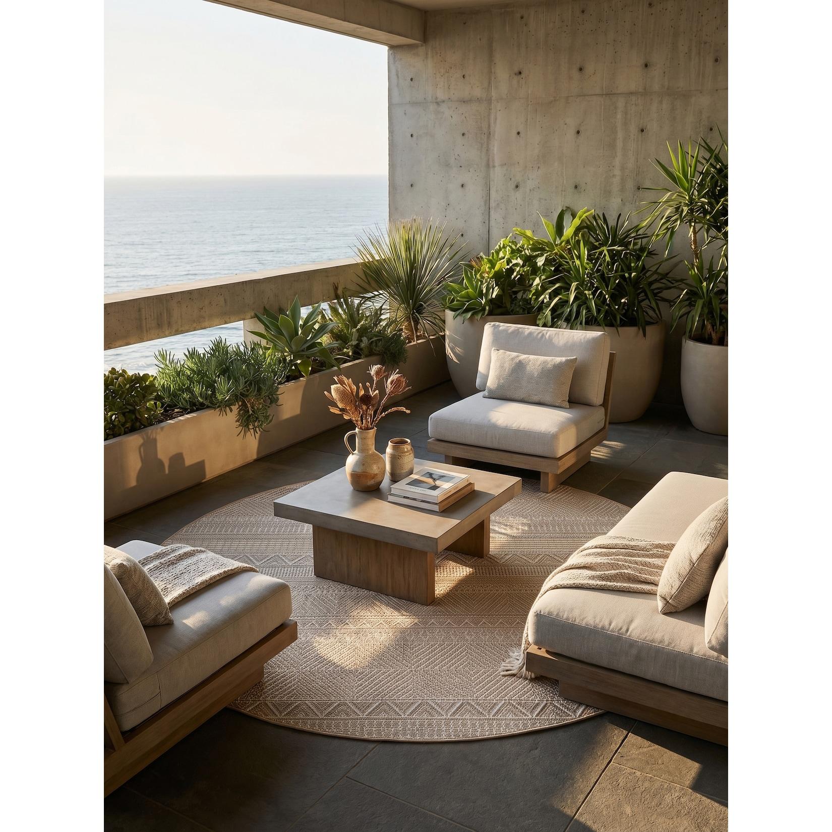 Outdoor-Teppich Ethno-Streifen mit Rauten Beige 200x200 cm Wetterfest