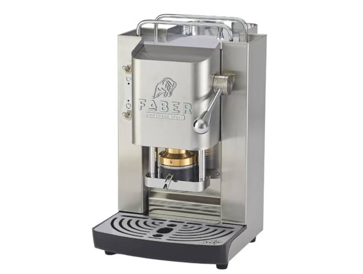FABER COFFEE MACHINES Deluxe 3.0 Kaffeemaschine ESE 44mm mit Elektroventil, herausnehmbarer Padhalter, 1L Glasbehälter und verstellbarer Messing-Padpresser (mattes Edelstahl, Chrom)