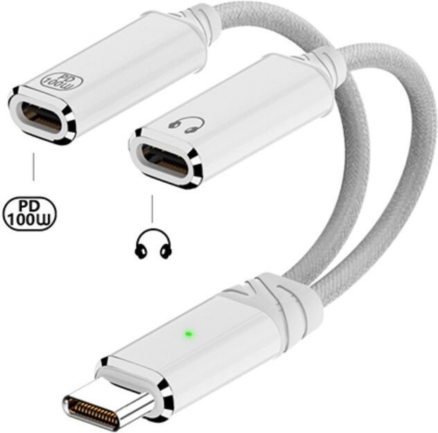 INF Type-C 2-in-1 Kopfhörer-Ladeadapter kompatibel mit Apple-Telefonen — PD 100W Schnellladung, USB 2.0 480Mbp Audio & Laden, Weiß