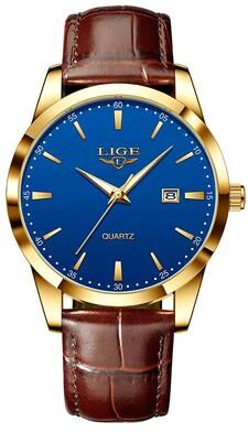 Quick Pick Pro LIGE Tactical Chronograph Leather Watch For Men Waterproof Quartz Sports Timepiece gold Blue