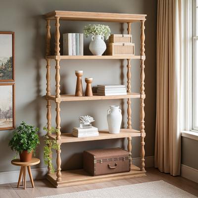 ZWYO HOSIMU "5-Tier Tall Bookshelf with Carved Spindle Posts & Solid Pine Wood Accents Rustic Storage Unit 80.5"" for Home"