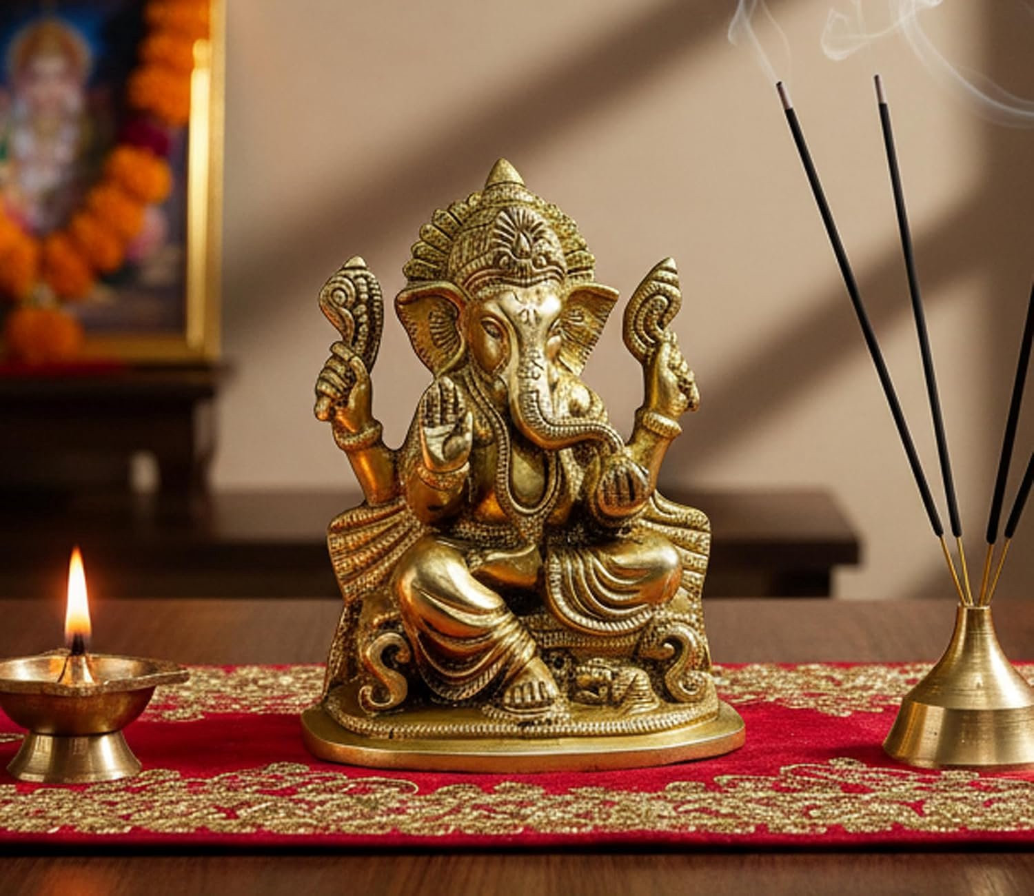 Zittende Ganesha Messing Beeldje voor op tafel