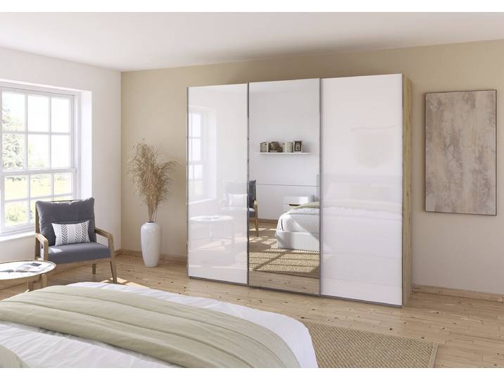 Armoire Fifty coulissante 242cm Blanc/Bois/Blanc brillant/Imitation chêne Artisan 1 miroir