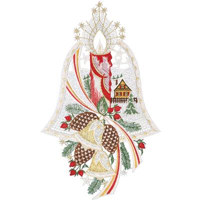 Fensterbild "Glocke mit Landschaft" Gr. 1, bunt (goldfarben, grün, rot), B:21cm H:35cm, Polyester, W. REUTER & SOHN - PLAUENER SPITZE, Fensterbilder, Made in Germany