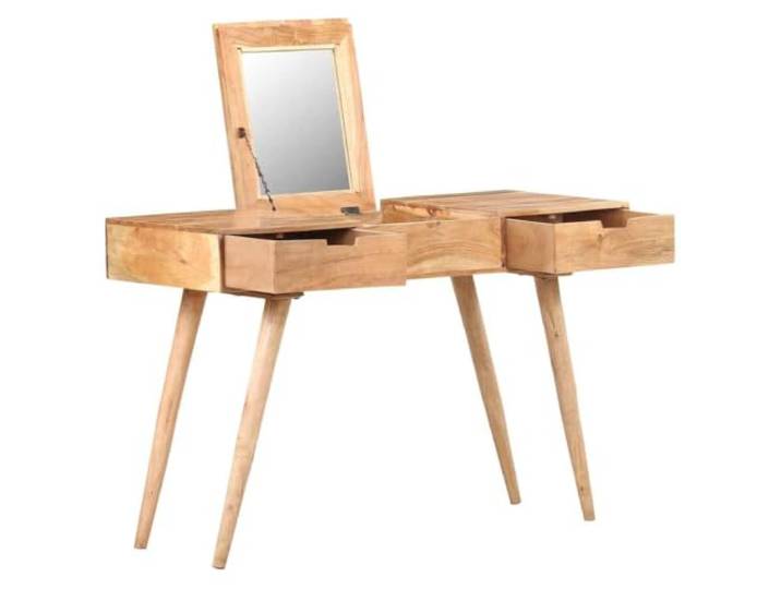 HKQWPBF Schminktisch mit Spiegel 112x45x76 cm aus Akazie Massivholz Massivholz Akazie, Spiegel inklusive, 2 Schubladen, verstecktes Fach, Wandbefestigung enthalten