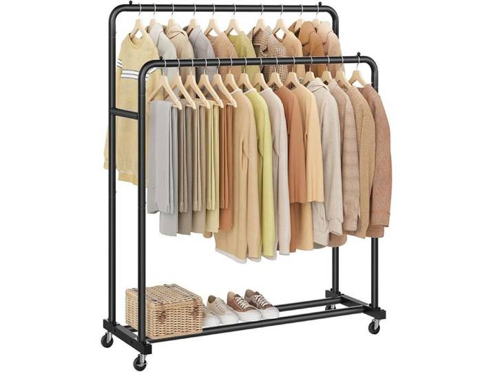 Portant à Vêtements sur Roulettes Portemanteau Mobile 2 Roulettes avec Freins Chambre Charge 2 barres Noir D'encre