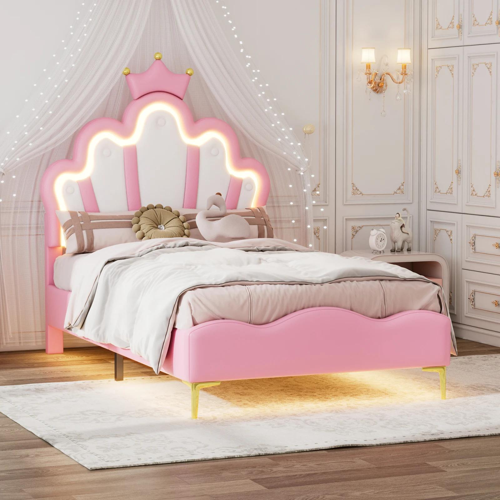Kinderbett - Einzelbett 90 x 200 cm - Gepolstert - Prinzessinnen-Design mit Kronen-Kopfteil - Lattenrost - Kunstleder - Rosa