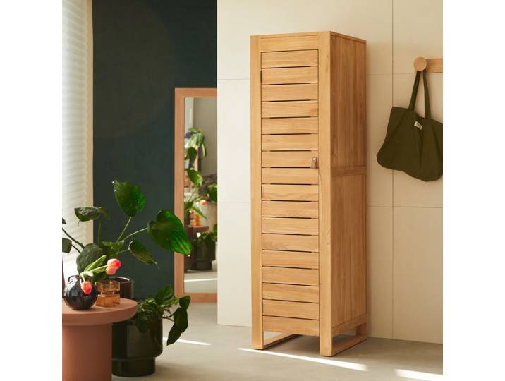 Schmaler Schrank für Flur oder Wohnzimmer 180 cm Teakholz Lattenoptik - Natur