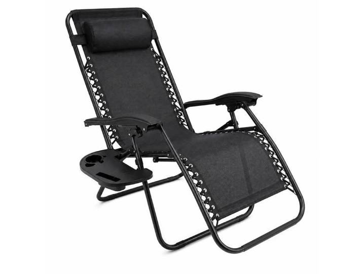 Fauteuil Relax Jardin Zéro Gravité ADM Pliable Inclinable avec Porte-Gobelet Coussin Appuie-Tête Noir