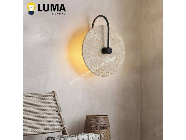 Applique murale ronde en travertin jaune de style Wabi Sabi, applique murale LED en pierre vintage pour chambre à coucher, chevet, salon, escalier