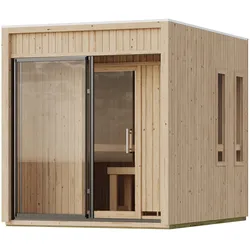 Karibu Design Saunahaus Delano Blackline mit Aluminium Schiebetür - 73 mm naturbelassen inkl. Schiebetür 9 kW Ofen inkl. Steuergerät (finnisch)
