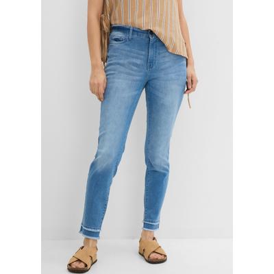 7/8-Jeans BONPRIX, Damen, Gr. 36, N-Gr, blau (hellblau denim used), Denim/Jeans, Obermaterial: 76% Baumwolle, 16% Polyester, 7% Viskose, 1% Elasthan, unifarben, slim fit 7/8-Länge, Jeans, 7/8-Schnittform, Slim Fit Passform, aus Baumwollmischung