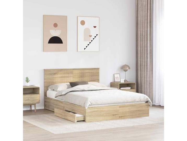 SKTQYQO Boxspringbett 140 x 190 cm Eiche Sonoma mit Kopfteil Technisches Holz, platzsparende Schubladen, Lattenrost, einfache Montage, 200 kg