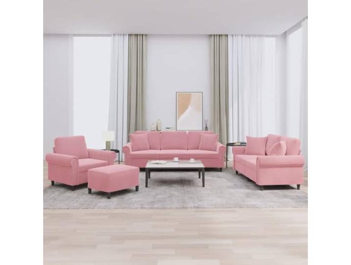ZQQLVOO 4-TLG. Sofagarnitur mit Kissen Rosa Samt Stabiles Sperrholz-Metall-Gestell, dick gepolsterte Sitze, Fußhocker, max. 110 kg pro Sitz