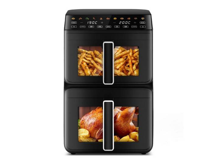 Fukstern Heißluftfritteuse 2 Kammern, Airfryer 11L mit 11 voreingestellte Programme,Touchdisplay, Sichtfenster, Unabhängige Temperaturregelung, 3000 W, Antihaft-Metallkörbe,4.5L+6.5L,fettarmes gesundes Kochen