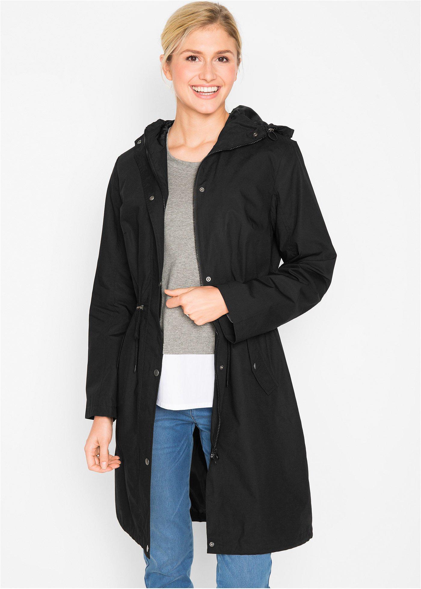 bonprix Parka mit Kapuze, schwarz, Gr.46, Locker geschnittener Longparka mit Kapuze, tailliert, aus 100% Baumwolle
