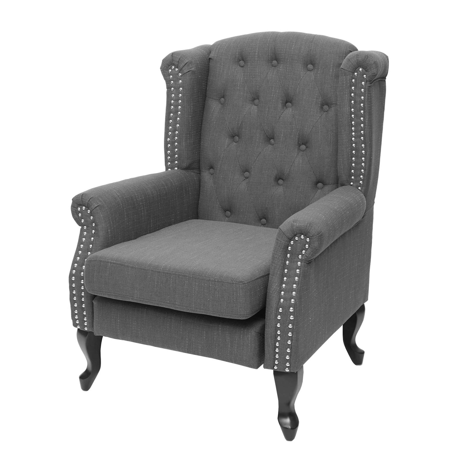 Sessel Chesterfield Oxford, Relaxsessel Clubsessel Ohrensessel, wasserabweisend Stoff/Textil ~ dunkelgrau ohne Ottomane
