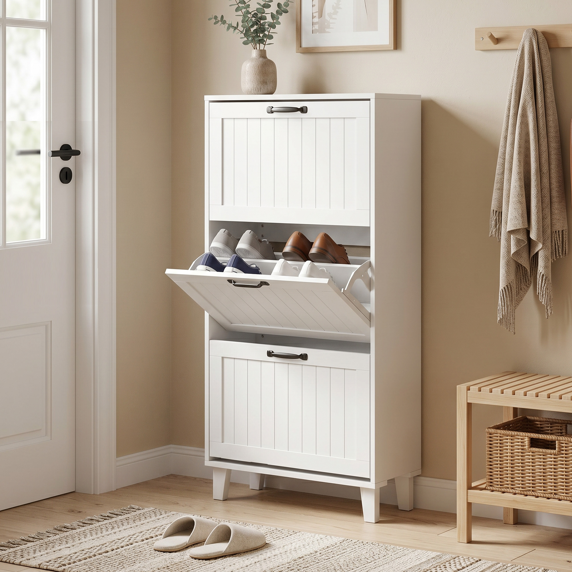 Homcom Mobile Portascarpe, 3 Cassetti Ribaltabili, Ripiani Regolabili, Stretto, Bianco.   Aosom Italy