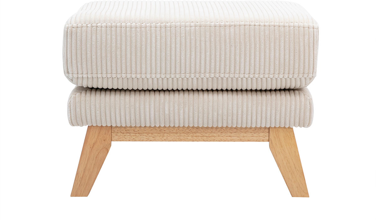 Miliboo Skandinavischer Hocker Fußstütze mit abnehmbarem Bezug in beige geripptem Samtstoff und hellem Holz OSLO