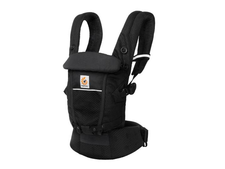 Ergobaby Babytrage Adapt Softflex Mesh, Schwarz, 26.8x17x17 cm, AGR-geprüft, Rückentragefunktion, Hüfttragefunktion, Bauchtragefunktion, Hüftgurt mit Lordosenstütze, gepolsterter Schultergurt, Schultergurte über Kreuz tragbar, gepolsterte und faltbare Kopf- Nackenstütze, Kapuze für Sicht- Sonnenschutz verwendbar, Baby on Tour, Babytragen & Tragetücher