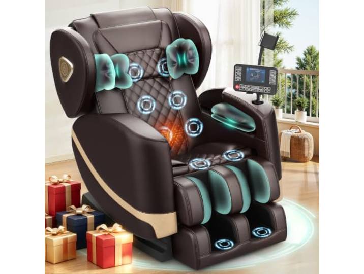 F FURNIMAT Massagesessel, Ganzkörper-Massagestuhl mit 14 Rollen, 8 Komfort-Luftkissen & Zero Gravity– Bluetooth Lautsprecher, Touchscreen, Handyhülter, Wärme für Lenden und Beine