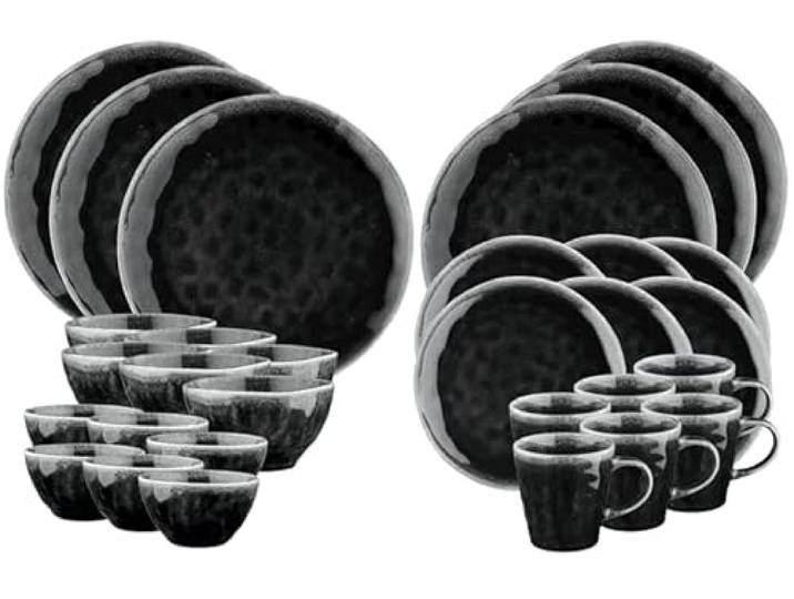 BJORN Geschirrset MOON ENCRE für 6 Personen – hochwertiges Steinzeug Geschirr Set mit reaktiver Glasur, Teller, Schalen und Becher