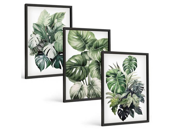 Tulup Bilder SET 3er Set - 40x60 cm Schwarzer Rahmen - Aquarell von grünen tropischen Blättern, Kunststoff, Rechteckig, 40x60 cm, Fotografie, Bilder & Rahmen, Bilder