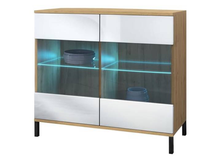 Vladon Kommode Bari V3, Moderner Küchenschrank mit 2 großen Glastüren inkl. RGB Beleuchtung Eiche Evoke/Weiß Hochglanz (92,5 x 83.5 x 35)
