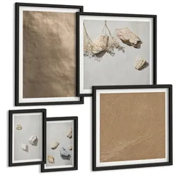 BILDER SET 5er Set - 50x50 cm & 20x30 cm & 40x60 cm Schwarzer Rahmen - Strandsteine natürliche Strukturen