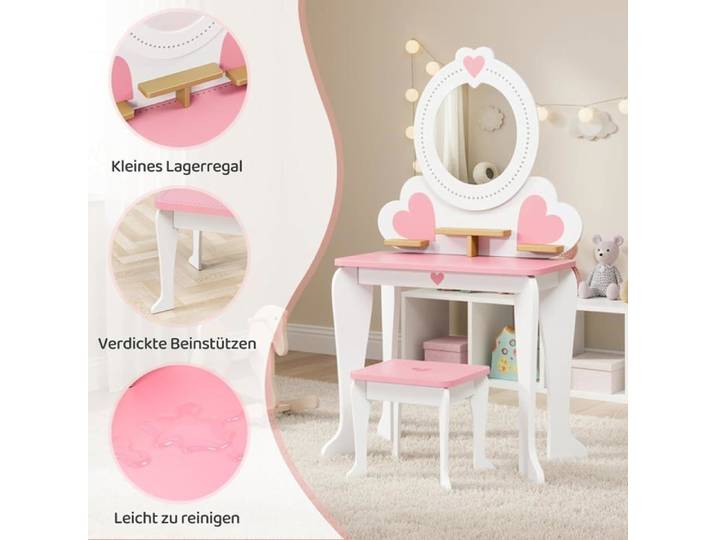Coiffeuse Enfant avec Miroir et Tabouret Coiffeuse pour Fille 50x33x91cm Table de Maquillage Princesses Blanc