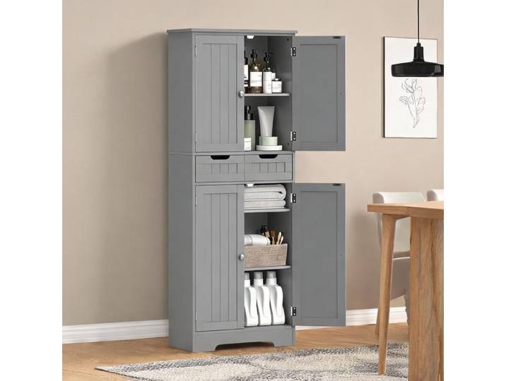 Meuble de salle de bain gris MDF colonne avec tiroir 5 étagères 60x30x160 cm