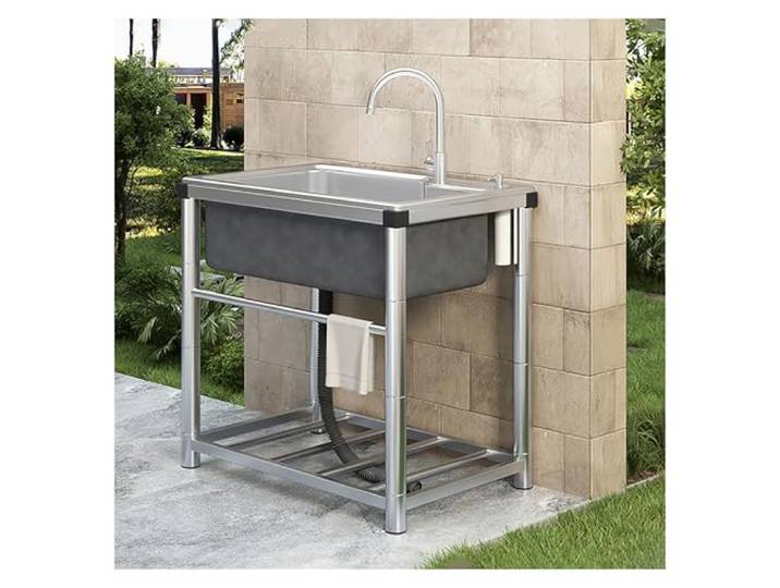 Edelstahl Waschbecken, Spültisch Freistehend, Spülbecken Mit Warm Kaltwasserhahn, Für Waschküche, Bauernhaus, Innen Und Außenspüle(70 * 46cm/27.6 * 18in)